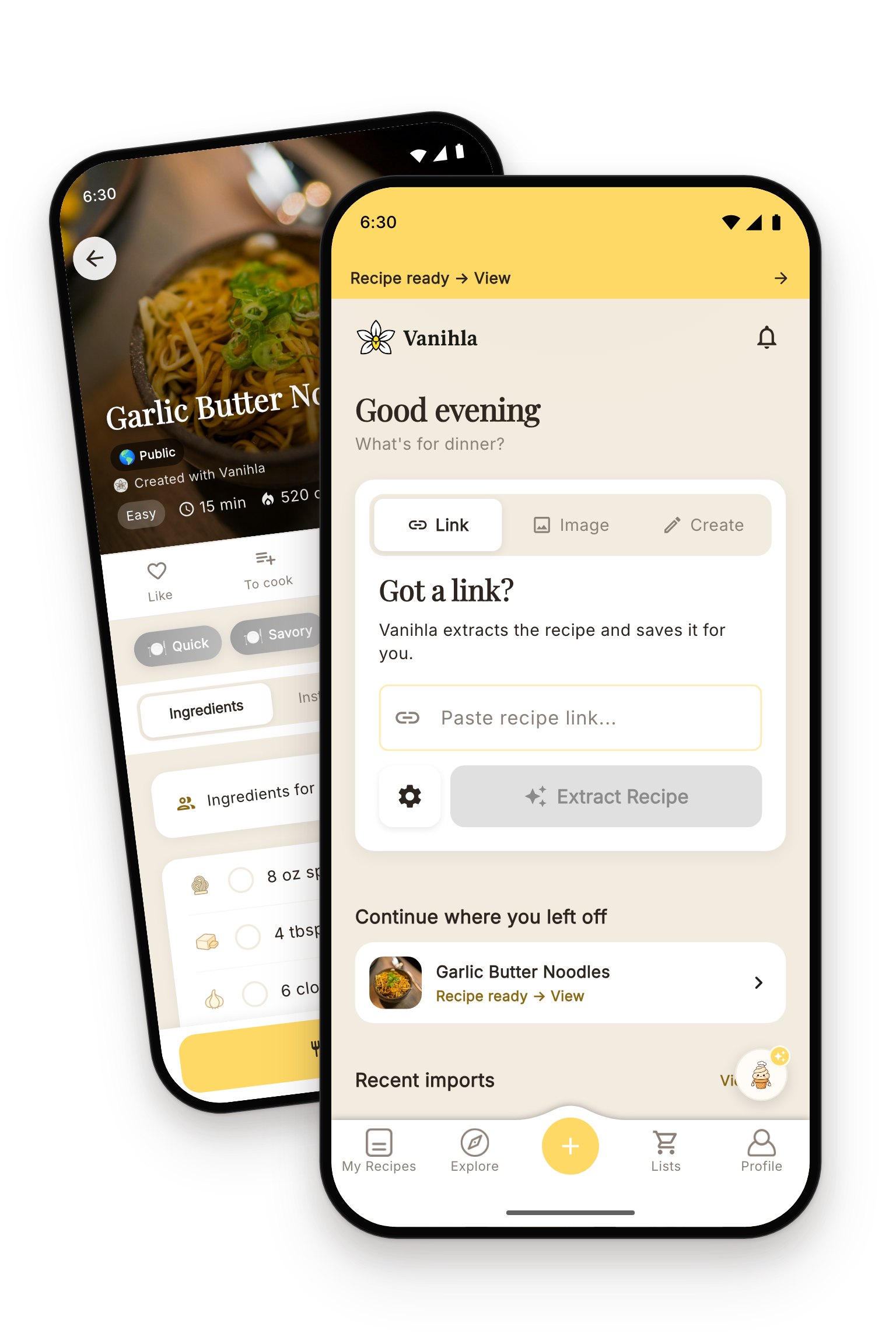 The Vanihla app on two phones
